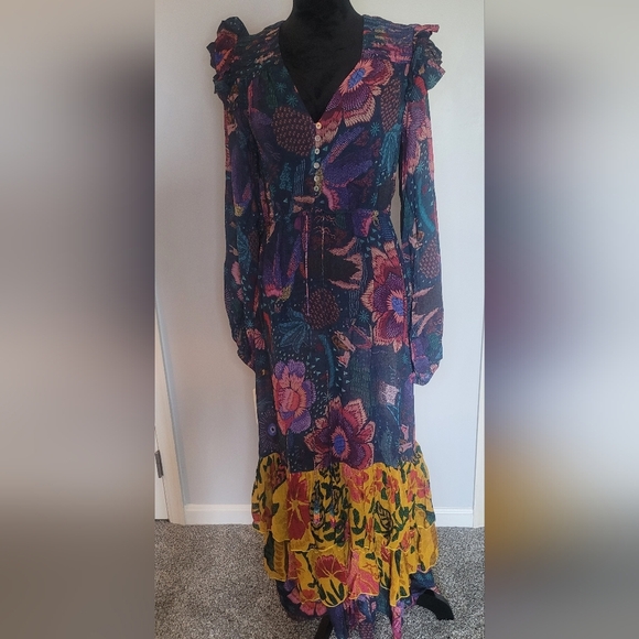 FARM RIO River Creatures Tiered Maxi Dress XS Boho Floral Ruffle Festival NWT - Picture 3 of 15